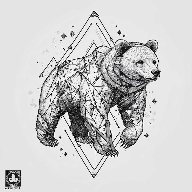 Bear, diamond, triangle shapes in black and grey; AI-generated tattoo project; cover-up: no.