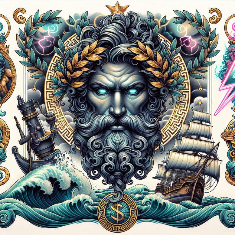 Colorful Poseidon portrait tattoo in color, showing Poseidon with laurel crown, trident, dynamic waves, distant ship, and emblem; project concept, cover-up suitable.