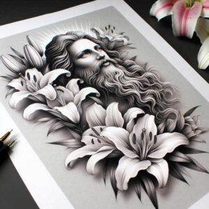 Bearded man portrait with lily blossoms in black and grey; design idea for a tattoo project; not specifically for cover-up.
