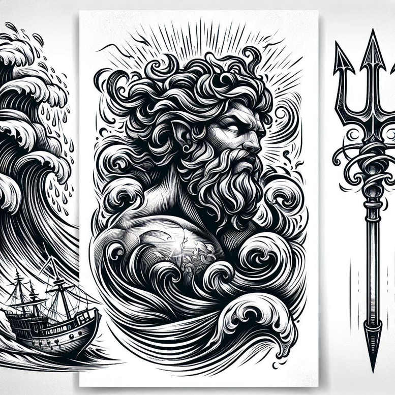Bearded figure in black and grey waves with a ship on the left and a trident on the right; tattoo project idea; cover-up: not ideal.