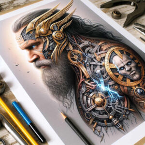 Colorful biomechanical portrait on a man's head and shoulder; face, beard, gears, clock, wheel, mask; full color; AI-generated tattoo project; cover-up-ready.