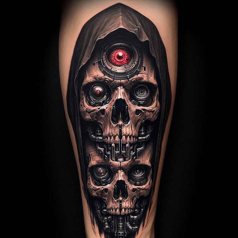 Hooded skull with mechanical eyes and red forehead eye, gears and circuits in black and grey; a tattoo project for cover-up.