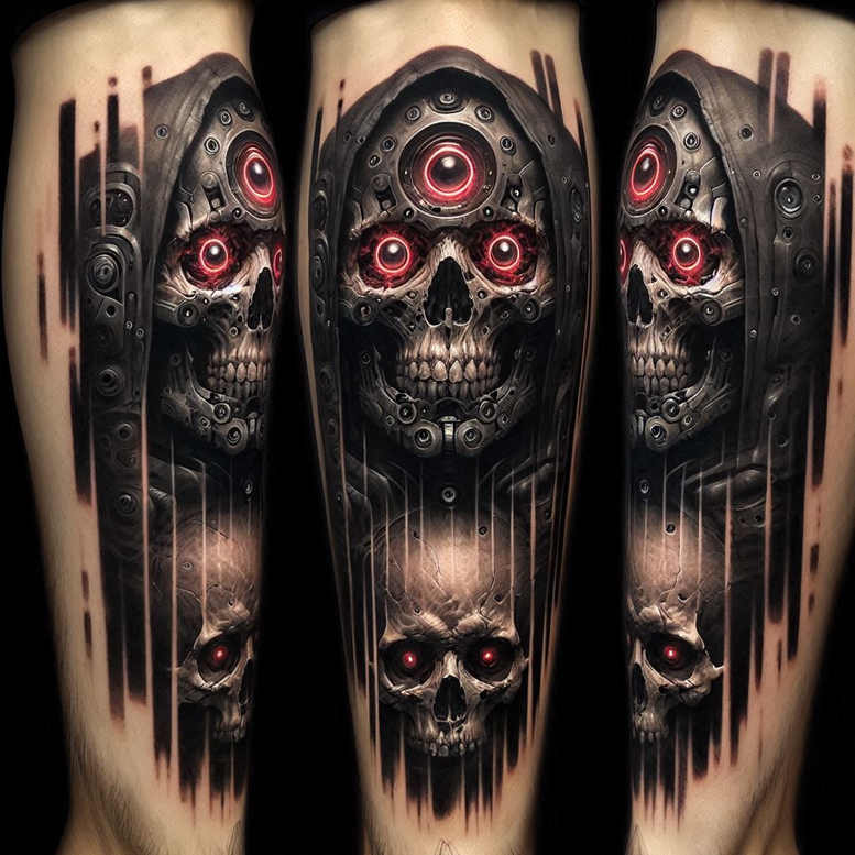 biomechanics tattoo design ideas Surrealism melted shapes flexible joints for lower back