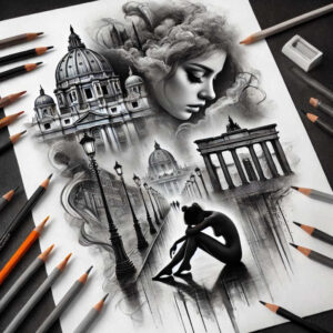 Face, silhouette, street lamp, dome, parliament building, cityscape in black and grey; tattoo project; cover-up-ready.