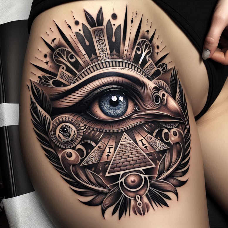 Black and grey Horus-inspired eye tattoo concept featuring geometric pyramid and mandala rays; a project idea, cover-up ready.