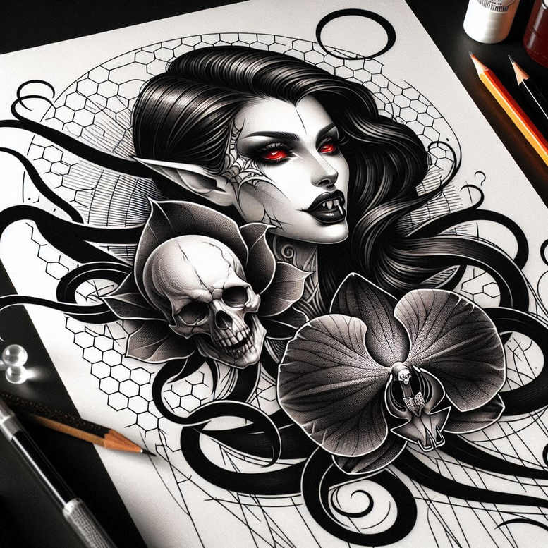 Black and grey tattoo design featuring a female figure with elf-like ears, skull, orchid, and swirling vines against a honeycomb backdrop; designed as a cover-up-ready project.