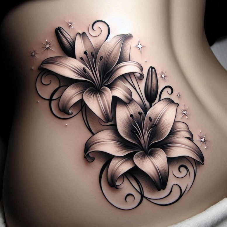 Black and grey lilies with curling vines and small stars; a tattoo project suitable for cover-up.
