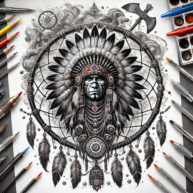 Black and grey dreamcatcher tattoo design with Native American face in an ornate headdress, circular ring, and hanging feathers; AI-generated tattoo project; cover-up suitable.