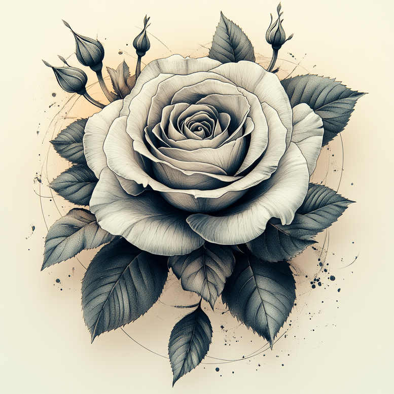 Rose with leaves and three buds in black and grey shading; tattoo project idea; not specifically a cover-up.