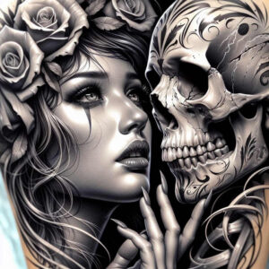 Black and grey tattoo design showing a woman's face with roses and a skull in close embrace, with a hand and flowing hair; AI-generated tattoo project; suitable for cover-up.