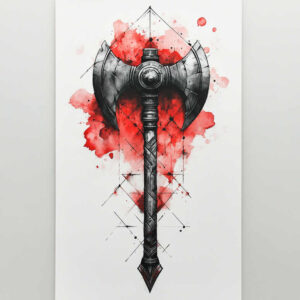 A black and grey war axe, red watercolor splash, and geometric pattern on a white background; cover-up-ready.