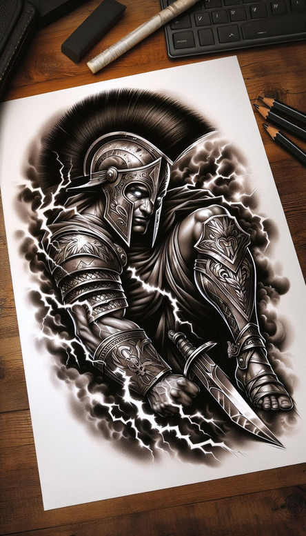 Warrior in black and grey armor with helmet, spear, and cloak; project idea for cover-up tattoo design.