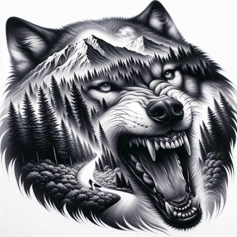 Wolf head in black and grey with mountains, forest, road, person, and dog; tattoo project; cover-up suitable.