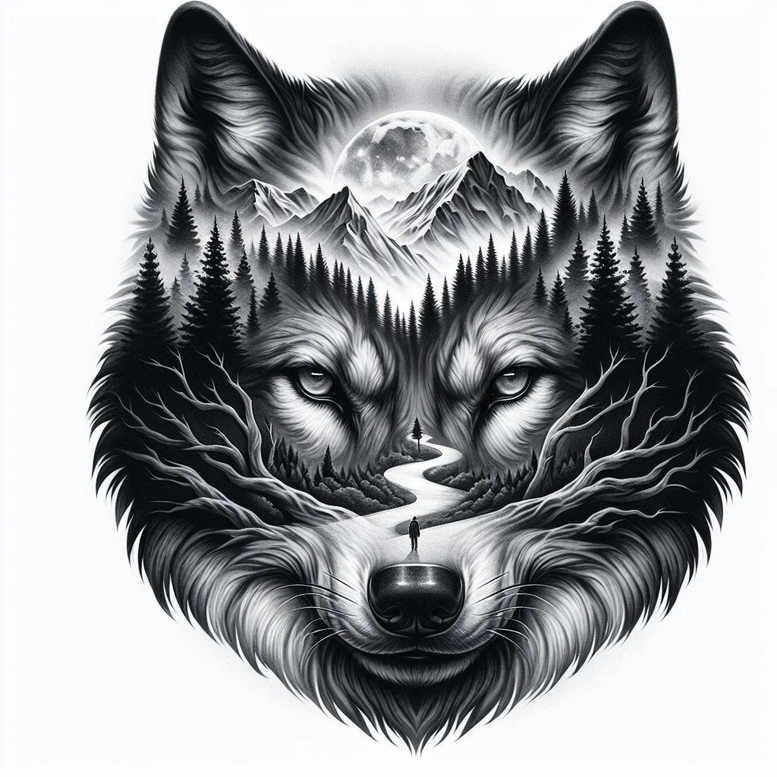 Wolf head silhouette in black and grey; mountains, pine trees, river, moon and lone figure visible; clearly a tattoo project, perfect for cover-up.