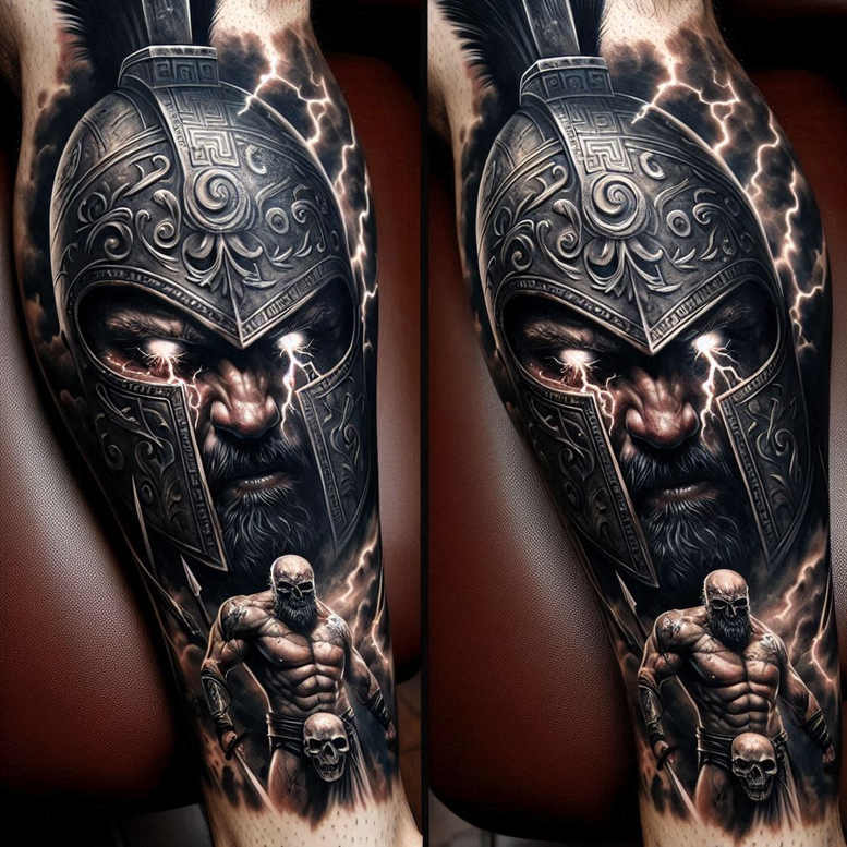 Black and grey tattoo design featuring a detailed armored helmet with lightning, a muscular warrior, and skulls; a cover-up project.