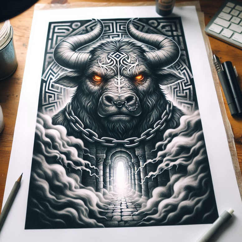 Black and grey bull with horns and orange eyes, chain, maze pattern backdrop, archway, and mist; tattoo project for cover-up.