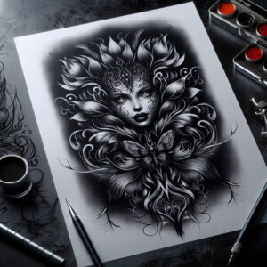 Black and grey portrait of a woman with a butterfly and swirling floral filigree on paper; tattoo project; cover-up-ready.