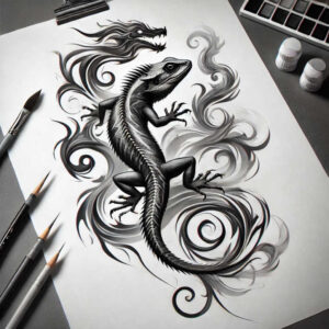 Black and grey lizard tattoo project on paper with pencil, brush, palette visible.