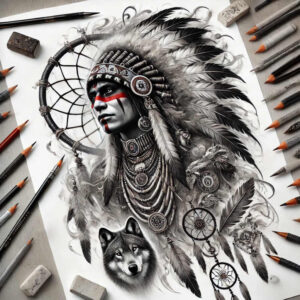 Native American chief profile with feathered headdress, red face paint, beads, necklaces, dreamcatcher rings, feathers, and a wolf; black and grey with red accents; cover-up-ready; tattoo design idea.