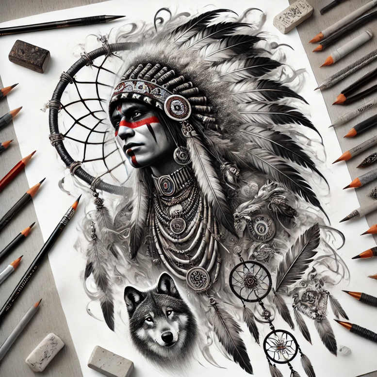 Native American chief profile with feathered headdress, red face paint, beads, necklaces, dreamcatcher rings, feathers, and a wolf; black and grey with red accents; cover-up-ready; tattoo design idea.