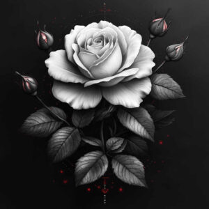 White rose with buds and grey leaves on a black background; black and grey tattoo project; perfect for cover-up.