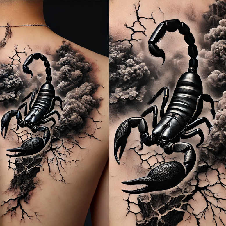 Black and grey scorpion tattoo on shoulder with cracked-earth pattern and smoky clouds; project for cover-up.