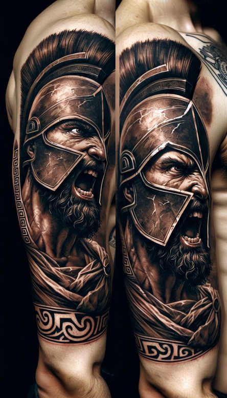 Black and grey Spartan helmet tattoo project on the arm with a beard, decorative band, and lightning cracks; cover-up suitable.