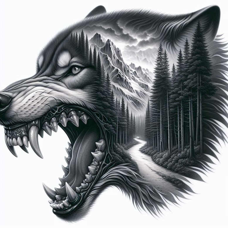 Black and grey wolf head tattoo design with mountains, trees, and a winding path inside the silhouette; project idea; cover-up suitable.