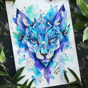 Blue geometric wolf portrait on white paper with turquoise and violet watercolor accents; tattoo design concept, not a cover-up.