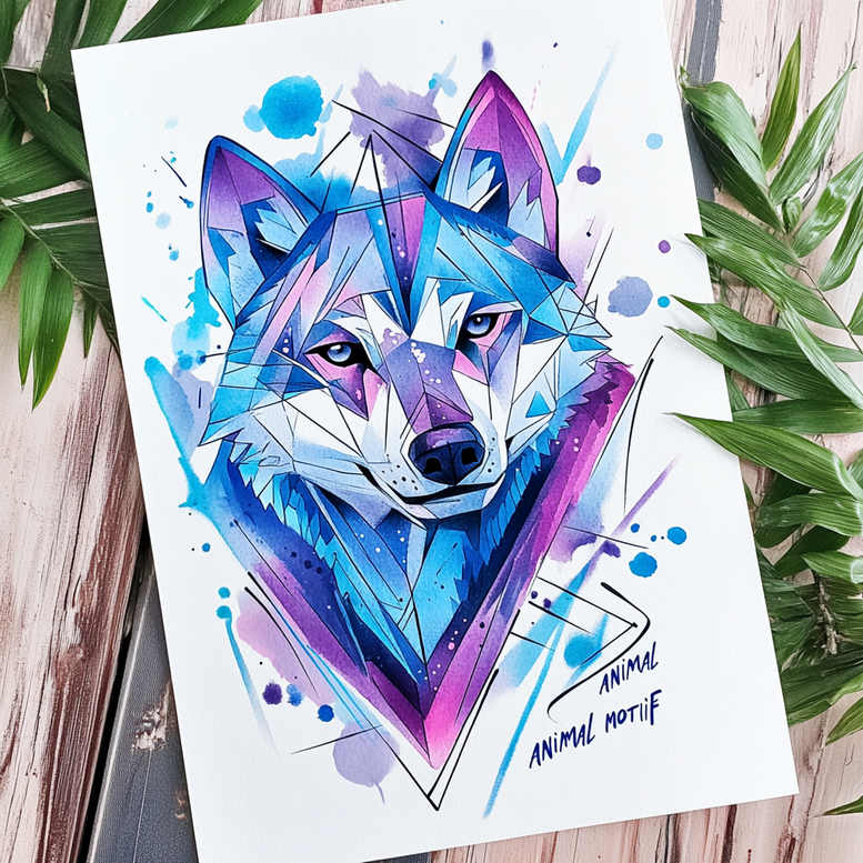 Wolf head in blue and purple geometric watercolor style; tattoo design concept; not intended as cover-up.