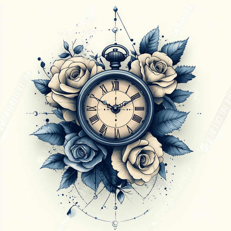 Watch with Roman numerals at the center, surrounded by blue and beige roses and blue leaves; fine-line tattoo design idea in black and grey with blue accents; not specifically for cover-up.