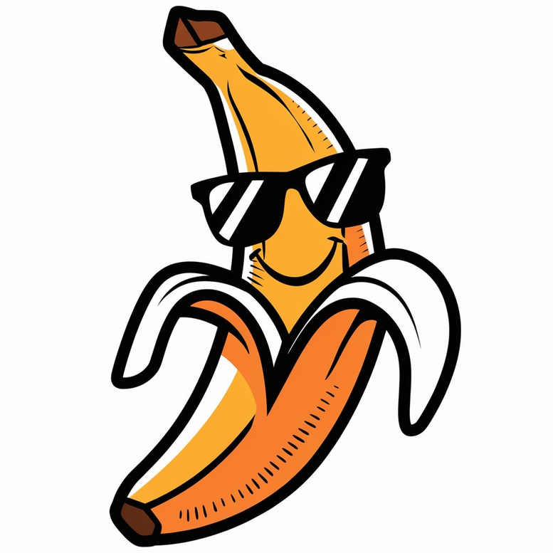 Banana with black sunglasses in orange-yellow tones, cartoon style; tattoo design concept, AI-generated tattoo project.