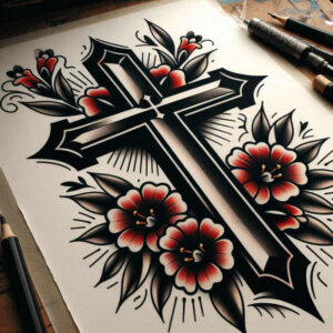 Cross centerpiece with bold black shading, surrounded by red flowers and dark leaves; tattoo project; not a cover-up.