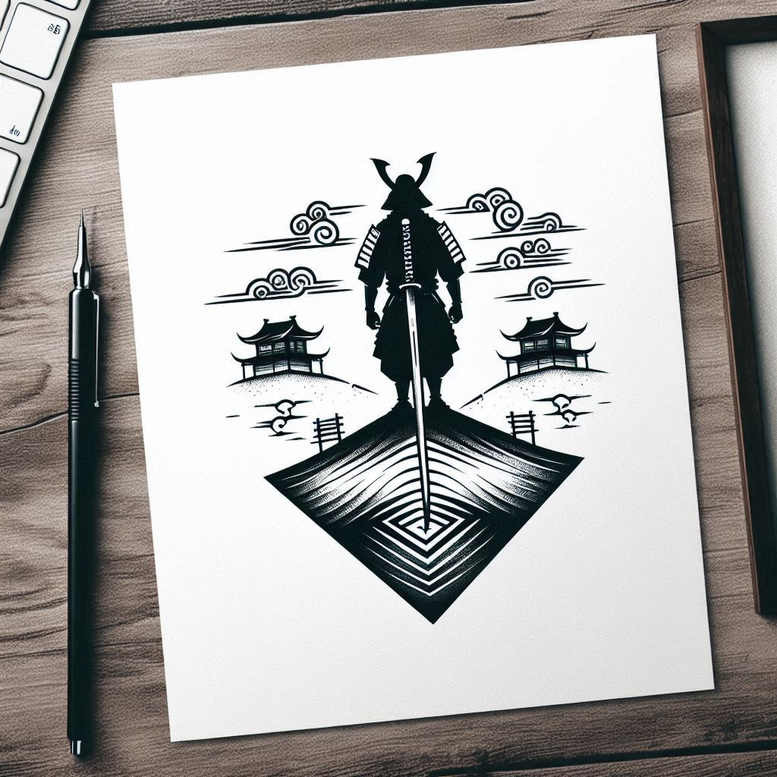 Samurai silhouette with sword in black and grey, standing on layered diamond pattern; pagoda buildings and clouds in black and grey, project suitable for cover-up.
