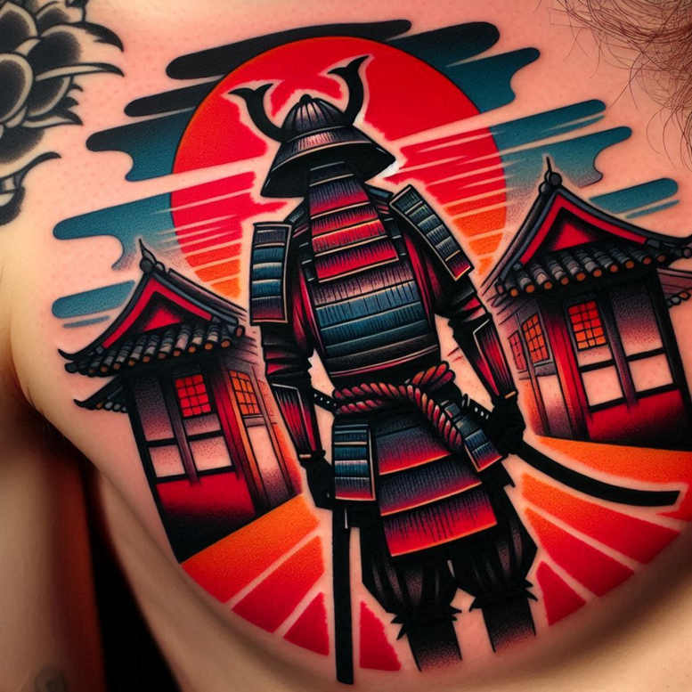 Armored samurai between two pagodas under a red sun; full-color tattoo project with blue armor, red sun, and orange sky; not a cover-up.