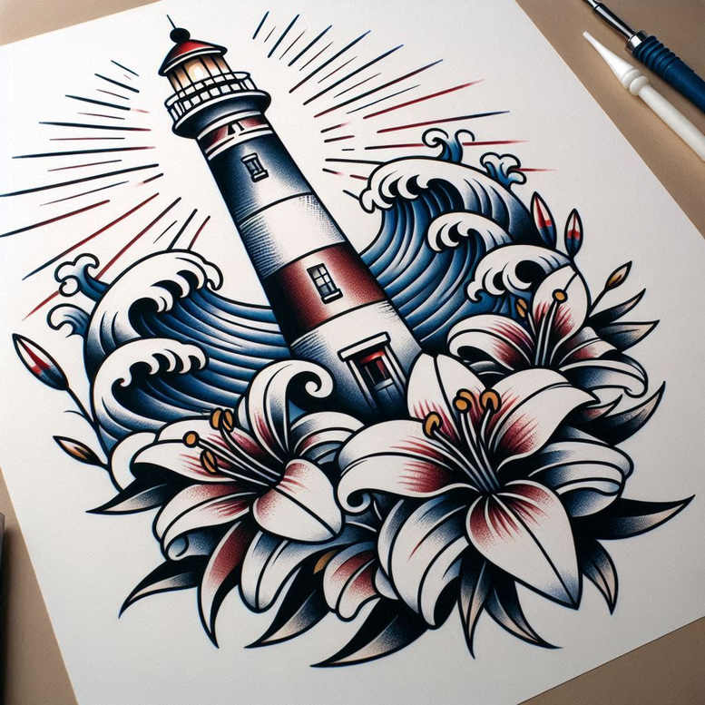 Lighthouse in white with red bands, blue waves, and white lilies with bold black outlines; tattoo project idea; not a cover-up.