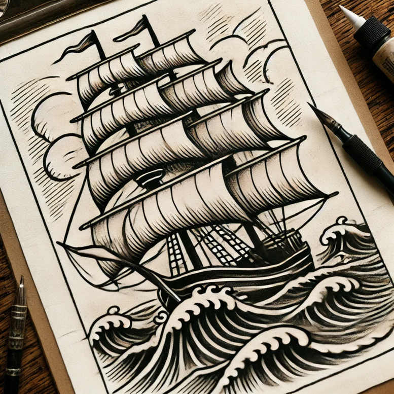 Black and grey linework ship with sails, masts, flags, and waves; project idea for a tattoo; suitable for cover-up.