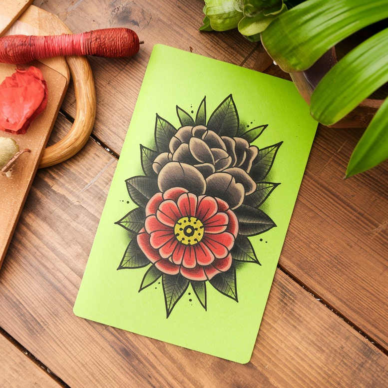 Flower illustration on lime card, red petals with black shading and green leaves; tattoo design concept, not inked, not specifically a cover-up.
