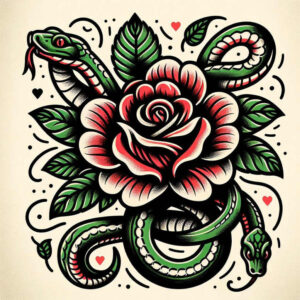 Rose, snake, leaves, and hearts in full color (red, green, black outlines) on cream background; project; not intended as a cover-up.