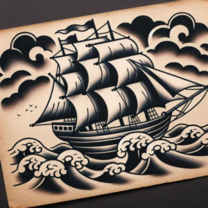 Ship with billowing sails on dark waves in black and grey ink; tattoo project with clouds and birds; suitable for cover-up.
