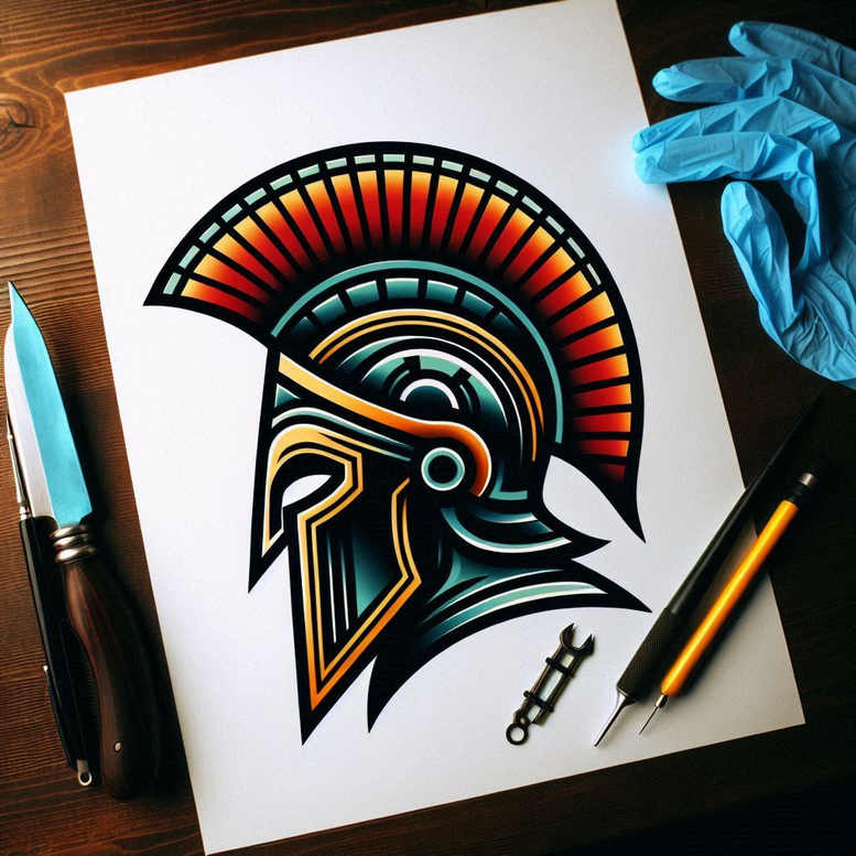 Colorful Trojan helmet tattoo design on white paper with graphic pattern lines; teal and orange hues, blue gloves, pencil, knife, and tool nearby; project idea, not a cover-up.