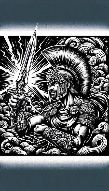 Warrior, ornate helmet, sword, clouds in black and grey; pattern elements; tattoo project suitable for cover-up.