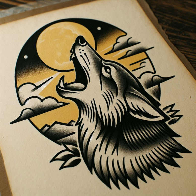 Wolf head in black and grey with bold linework, howling toward a yellow moon, circular backdrop including mountains and clouds; tattoo project, not a cover-up.