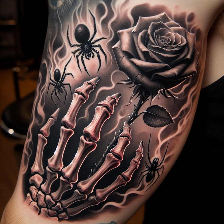 Hand skeleton tattoo in black and grey with a rose, two spiders, and wisps of smoke; tattoo project; suitable for cover-up.
