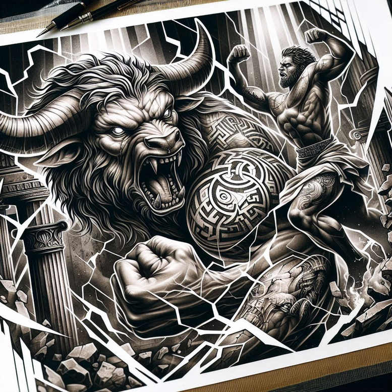 In black and grey, a Minotaur battles a warrior with shield and spear; AI-generated concept tattoo idea, cover-up ready.