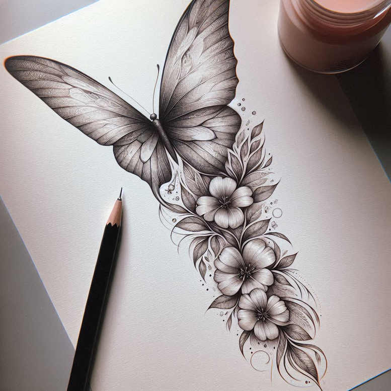 Butterfly in black and grey with a cascading bouquet of flowers, leaves, a pencil, and an ink pot on a white sheet; tattoo project idea; suitable for cover-up.