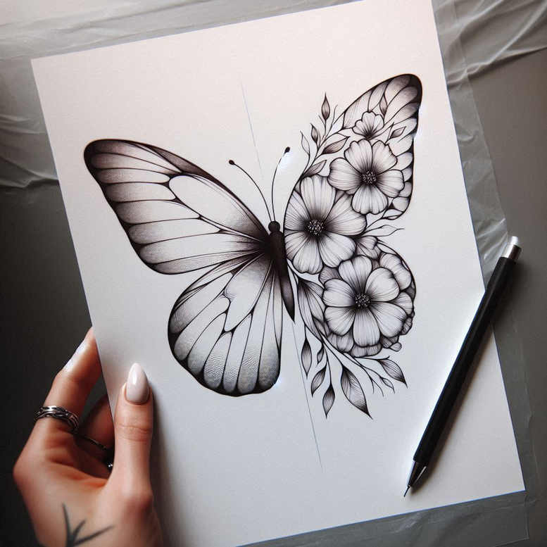 Butterfly, flower, leaf, hand, paper, pen; black and grey; tattoo concept project; cover-up suitable; pattern.
