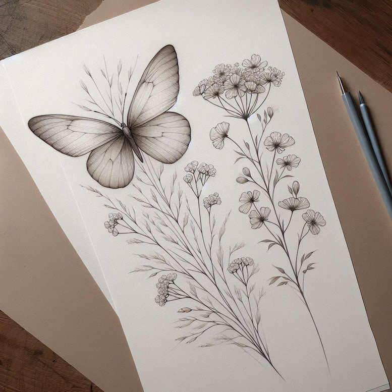 Black and grey pencil-style tattoo idea featuring a butterfly beside delicate floral stems and blossoms.