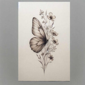 Butterfly and wildflowers in black ink with fine line shading; black and grey tattoo project; not ideal for cover-up.