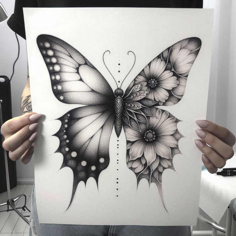 Butterfly, paper, and flowers in black and grey; project concept; cover-up ready.